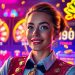 девушка играет в онлайн-слоты и улыбается от выигрыша